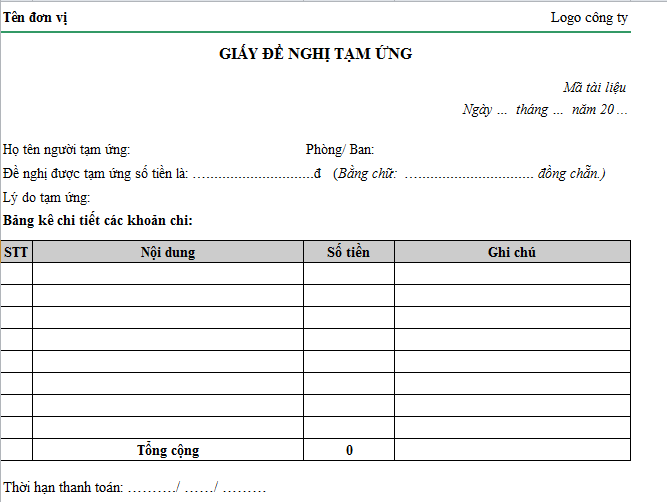 Giấy đề nghị tạm ứng